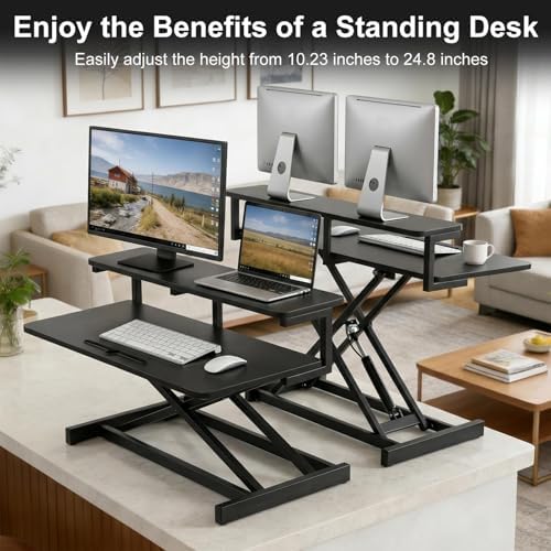 37 Inch Standing Desk Converter, 10.23-24.8 inches Adjustable Height Standing Desk Riser, Sit to Stand Up Duals Monitor Riser Workstation, for Home Office Laptop - Black