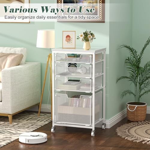 Sbanmao 4 Drawer Rolling File Cart with Wheels, Mobile Filing Cabinet for Home Office, Hanging File Organizer, Under Desk Storage, Multifunctional Utility Cart Printer Stand, White