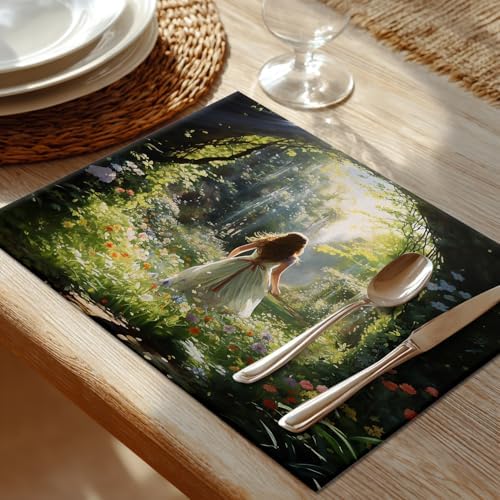 Shrahala Girl in Garden Vibrant Scene Set of 6 12 X 18 Inch Linen Placemats, Beautiful Natural Setting Burlap Table Mat Washable Double Layered Heat Insulation for Indoor/Outdoor