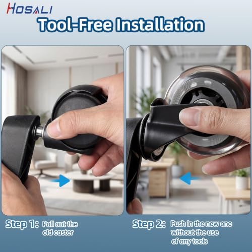 HOSALI 3 Inch Office Chair Wheels - Rubber Chair Casters Replacement, Heavy-Duty Computer Gaming Desk Caster Wheel Smooth & Safe Rolling for All Floors Including Hardwood and Carpet, Set of 5