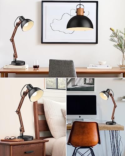ELYONA Modern Sapele Wood Desk Lamp with Upgraded Wireless Charger & USB C Charging Port Swing Arm Table Lamp Bedside Reading Task Light for Dorm Office Bedroom Living Room LED Bulb Included Black