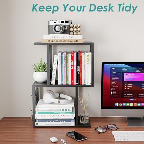 Small Bookshelf Desk Organizer，3-Tier Shelf for Top of Desk Workspace Organizers for Office Accessories, Black