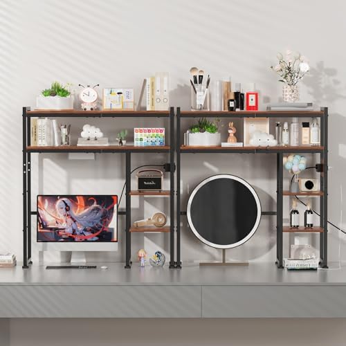 Aetheris Desktop Organizer Shelf, 30" Wooden Office Storage Rack with Outlets, Display Shelf Rack with Light Strip, 5 Tier Desktop Display Rac, Desk Shelf, Desk Hutch for Computer Monitor, Brown