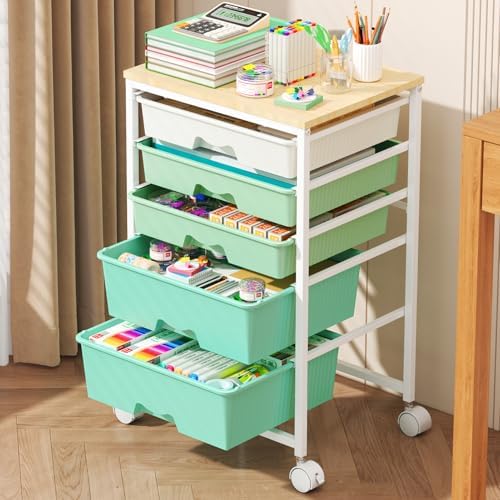 Goovilla Rolling Cart with 5 Drawers for Craft, Art, Dorm, Office, Green