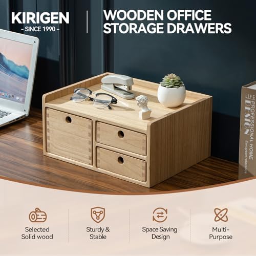 KIRIGEN Wooden Desk Organizer with 3 Drawers and Top Tray Natural DT1D3C-NA