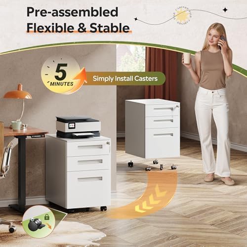 DEVAISE 3 Drawer File Cabinet with Lock, Fully Assembled Except Casters