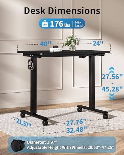 Okin Electric Standing Desk, 40 x 24 Inches Whole Piece Height Adjustable Desk, Black Sit to Stand Desks Computer Workstation with Wheels for Home Office