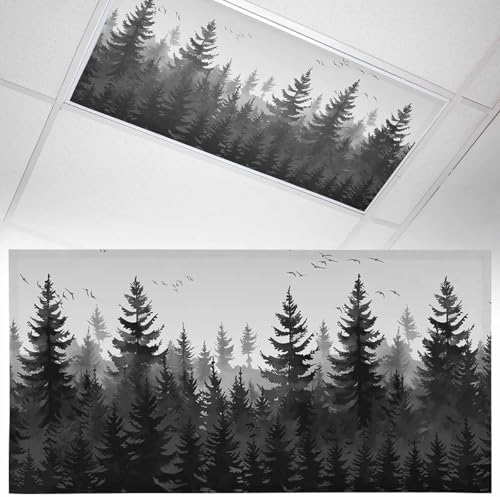 Forest Magnetic Fluorescent Light Covers for Ceiling Lights 2 x 4 Feet, Rustic Grey Foggy Pine Tree Anmal Birds Office Classroom Kitchen Drop Ceiling Light Covers Lighting Filters Shade Panel 1 Pack
