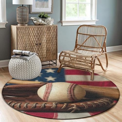 Fashion Round Area Rug Large Non Slip Carpet, Retro Baseball American Flag Unisex Home Decor Mat