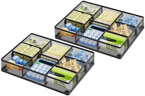 Marbrasse Desk Drawer Organizer, Metal Mesh Drawer Organizer Tray with 5 Adjustable Compartments,Desk Organizers and Accessories for Home,Office,Kitchen,Makeup,Vanity (Black,2Pack)
