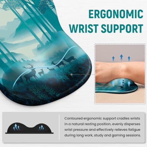 Ergonomic Mouse Pad with Wrist Rest, Gel Wrist Support, Deer Forest