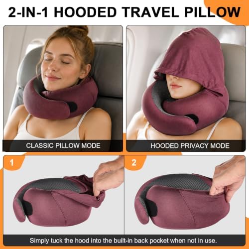Travel Pillow - Hooded Neck Pillow Airplane Memory Foam Filling