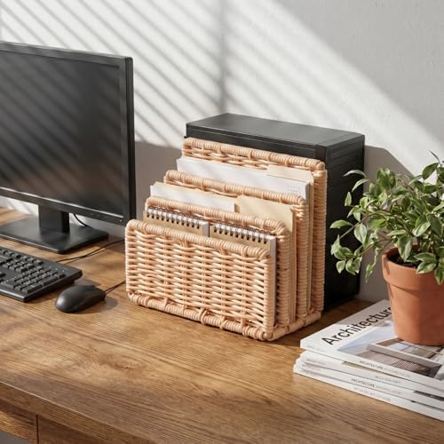 Small Rattan Mail Organizer for Desk Mail Holder Countertop with 3 Slot Rattan Letter Sorter File Holder Envelope Book Stand Farmhouse Office Desk Organizer and Storage Accessories