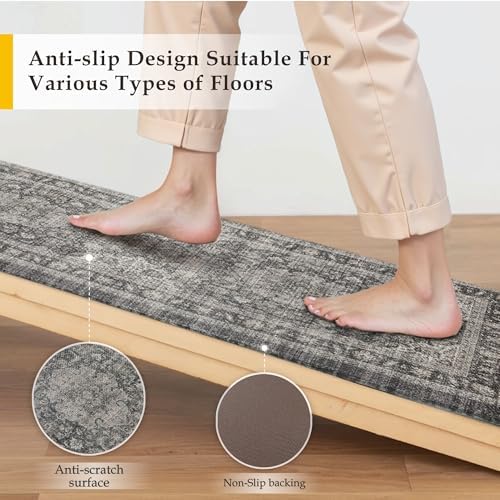 Anti Fatigue Black Grey Vintage Non-Slip Kitchen Mat 2 Piece