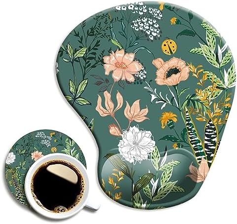 DOOKE Ergonomic Mouse Pad with Wrist Support, Cute Mouse Pads with Non-Slip PU Base for Home Office Working Studying Easy Typing & Pain Relief Dark Green Floral