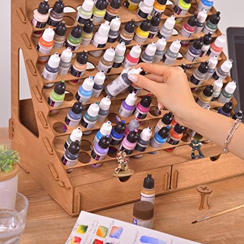 Plydolex Plywood Storage Rack - 105 Bottle Holes for 17 ml Vallejo Paints, 14 Paintbrush Slots, 6 Miniature Stands, 2 Drawers, a Shelf & a Brush Tray - Works for DnD, Warhammer 40K and Other Minis