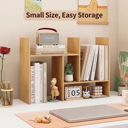 Desktop Shelf Organizer, Adjustable Wood Office Storage Rack, Counter Display Small Bookshelf for Home/Office/School(Light Walnut)
