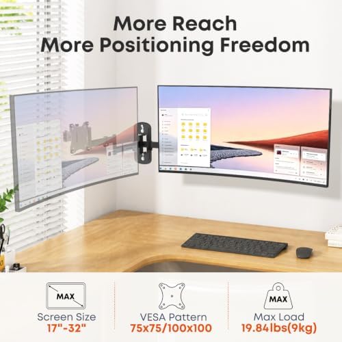 Long Arm Monitor Wall Mount up to 32 Inch, Heavy Duty 3-Section Steel Arm