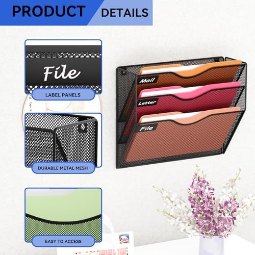 3 Pockets Hanging Wall File Organizer Mail Holder, Wall Mounted Paper Document Folder Holder, Clipboard Storage Organization Magazine Rack, Black