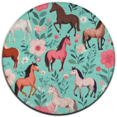 Fashion Round Area Rug Large Non Slip Carpet Unisex Home Decor Mat Floral Flowers Horses