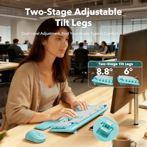 Wireless Keyboard and Mouse Combo, Round Keycap, Magnetic Wrist Rest, Blue