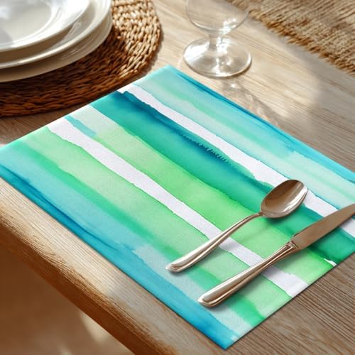 Shrahala Horizontal Stripes Watercolor Set of 4 12 X 18 Inch Linen Placemats, Soft Colorful Stripes Burlap Table Mat Washable Double Layered Heat Insulation for Indoor/Outdoor