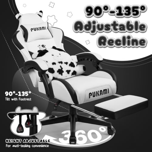 PUKAMI Gaming Chair with Cat Ears,Cute Computer Chair for Girl with Footrest,Ergonomic Gamer Chair, Kawaii Gaming Chair, Game Chair (Black and White)