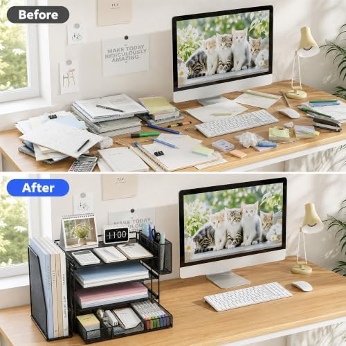 4-Tier Desk File Organizer with Drawer & Pen Holder (Black)