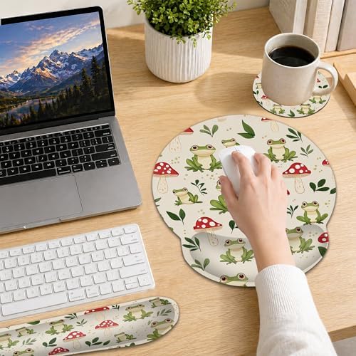 Ergonomic Memory Foam Wrist Rest Set for Keyboard and Mouse,Cute Frog Mushroom Supportive Mouse Pad with Non Slip Base for Office Work and Gaming