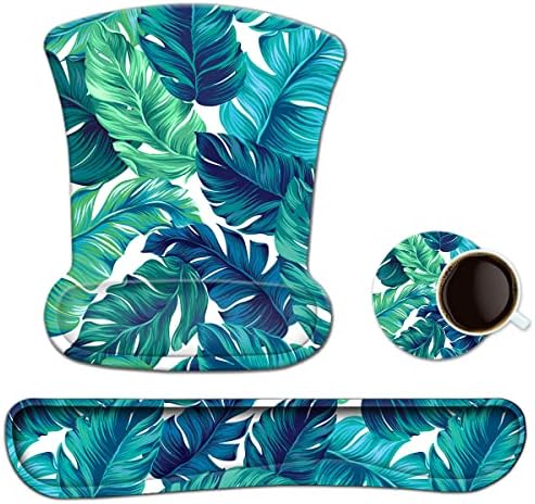 Keyboard Wrist Rest Pad Ergonomic Mouse Pad Set, ToLuLu Mouse Pad for Computer Laptop, Non Slip Mousepad Keyboard Wrist Support with Raised Memory Foam for Easy Typing Pain Relief, Tropical Leaf