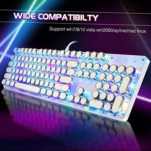 YSCP Typewriter Style Mechanical Gaming Keyboard RGB Backlit Wired with Blue Switch Retro Round Keycap 104 Keys Keyboard (R-White)