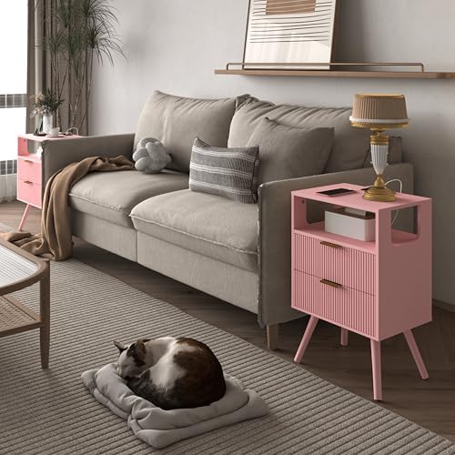 JOONEE Pink Nightstand with Charging Station and LED Lights,Modern Bedside Table with 2 Storage Drawer and Open Wood Shelf, for Bedroom and Small Spaces,Night Stand with Solid Wood Legs,Pink