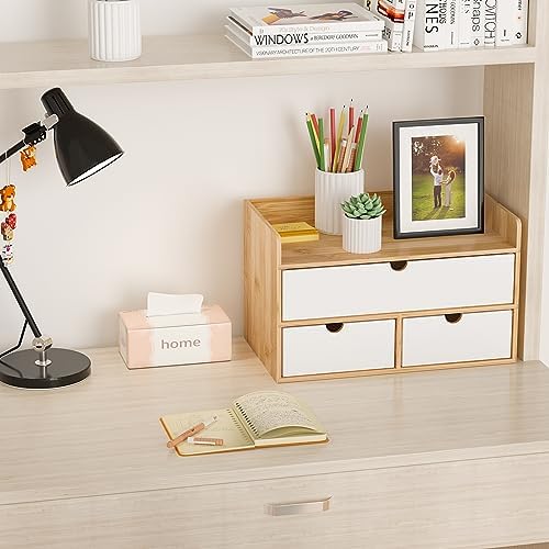 Bamboo Desk Organizer with Drawers, Desktop Storage for Office Supplies