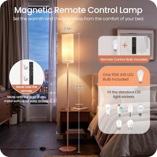 Slim Floor Lamp for Living Room with Magnetic Remote and Foot Switch, Dimmable Mood Lamp for Bedroom Nursery, 3 Color Temperatures, 1-Hour Timer, 900LM LED Bulb & Batteries Included, Pink PCW06LD05W1