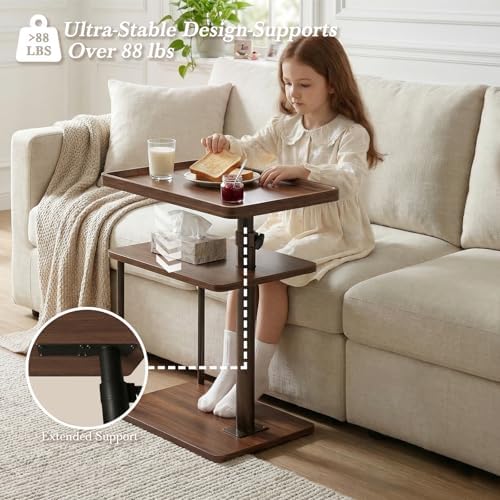 Faesun C Table End Table Adjustable Height, 360°Swivel TV Tray Table for Small Spaces, Small Nightstand for Living Room, Bedroom, Walunt