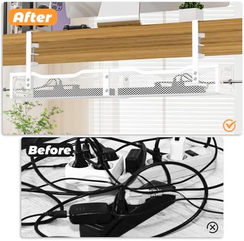 Under Desk Cable Management Tray, No Drill Steel Desk Cable Organizers, Wire Management Tray Cable Management Rack (24.4" Length-White)