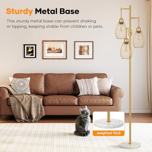 Dimmable Floor Lamp,3x800LM LED Bulbs Included, Farmhouse Industrial Floor Lamp Standing Tree Lamp with Teardrop Cage Head Tall Lamp for Living Room Bedroom Office Dining Room - Gold & Marble Base