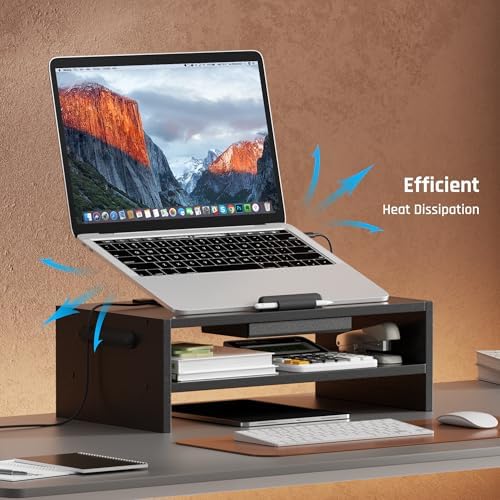 AFOOYO Adjustable Wood Laptop Stand, Ergonomic Height Angles Computer Holder Riser for Desk Compatible with Air, Pro, Dell, HP, Lenovo More 10-17.3" Laptops, Black