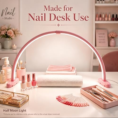 Half Moon Nail Desk Lamp, 23” Foldable Nail Tech Light, 10-Level Dimming & 3 Color Temperatures, Pink Arch Light for Manicure, Eyelash, Tattoo & Skin Care