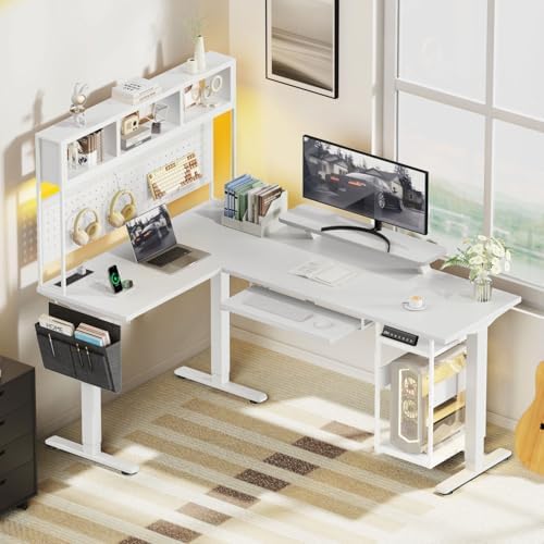 Flycity Electric L Shaped Standing Desk Adjustable Height, 67" x 47" Corner Computer Desk with Host Shelf, Gaming Desk with LED Lights & Power Outlet, Dual Motor Home Office Desk with Storage, White