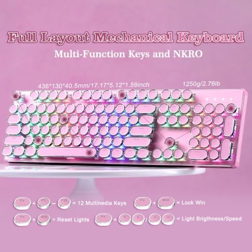 YUNZII QL108 Typewriter Mechanical Gaming Keyboard, Pink