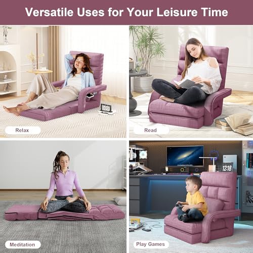 Adjustable Floor Gaming Chair for Adults, 6-Position Chaise Lounge Chair with Meditation Arm, Foldable Lazy Sofa with Pillow, Comfy Chair Indoor for Bedroom Dorm Living Room, Purple