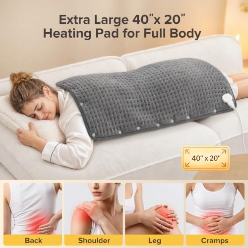 Extra Large Heating Pad for Full Body, 40" x 20" XXXL Electric Heating Pad with 6 Heat Settings, Wearable Button Design Heat Wrap for Back, Shoulders, Hands & Feet, 2H Auto Shut Off, Machine Washable