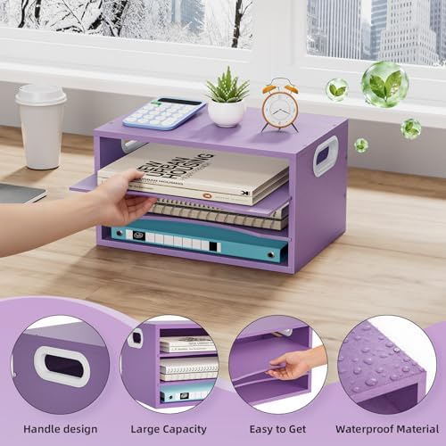 Marbrasse 3 Tier Wood Desk Organizer, Paper Letter Tray Organizer，Purple