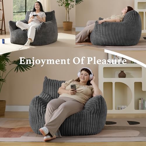 Giant Plush Bean Bag Chair for Adults with Armrests - Oversized Comfy Grey Beanbag Lounge Lazy Floor Sofa Accent Chair for Living Room, Bedroom & Dorm, Cozy Fluffy Single Cloud Mini Couch