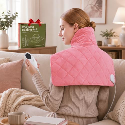 Pink Shoulder Heating Pad for Neck and Shoulders and Back, Thanksgiving Gifts for Women, Birthday Gifts for Girl Her, Weighted Heating Pad for Neck with 9 Heat Options 4 Auto-Off Timer