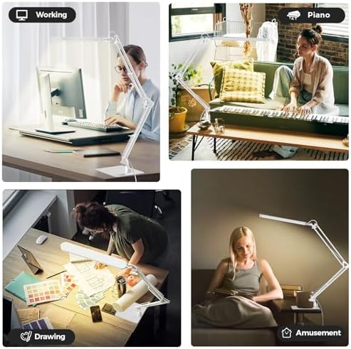 SKYLEO LED Desk Lamp with Slim Base - Adjustable Swing Arm Desk Light, Dimmable, Timer, Eye Protection, Memory Function, 1300LM, 12W, White