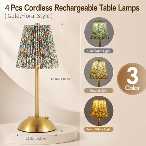 4 Pcs Cordless Table Lamp Rechargeable Touch Lamp, Gold Floral