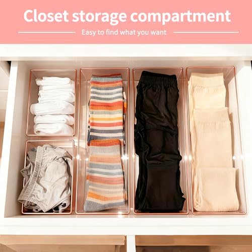 12 Pack Large Size Clear Stackable Drawer Organizer Trays, Rose Gold Rim Makeup Drawer Storage Tray Divider, Desk Storage for Makeup, Jewelry, Bathroom, Stationary, Kitchen Utensils and Office Desk