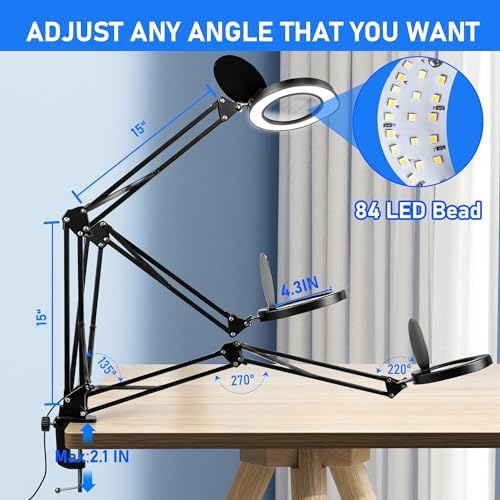 Large 10X Magnifying Glass with Light and Stand, LED Desk Lamp with Clamp, 5 Color Mode, 10 Dimmable Levels, Hands Free for Reading Crafts Jewelry Sewing Close Work